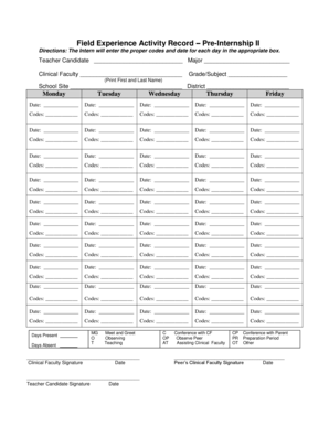Field Experience Activity Record – Pre-Internship II