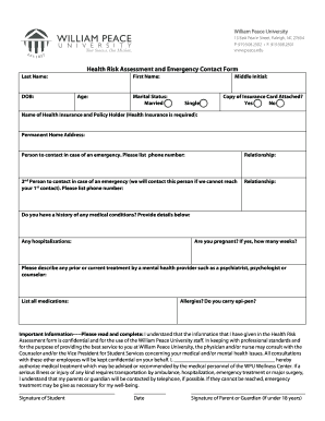 Health Risk Assessment and Emergency Contact Form