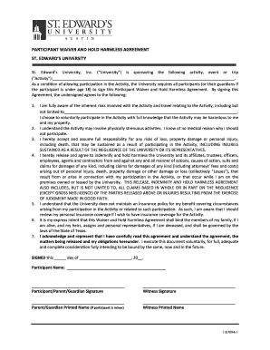 St. Edward's University Participant Waiver and Hold Harmless Agreement