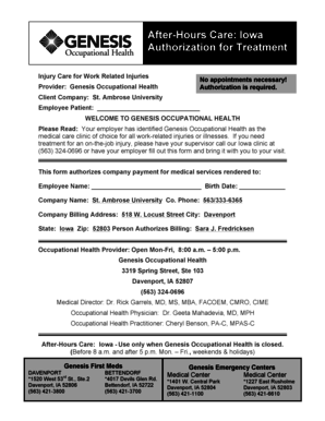Iowa After-Hours Care Authorization for Work Injuries