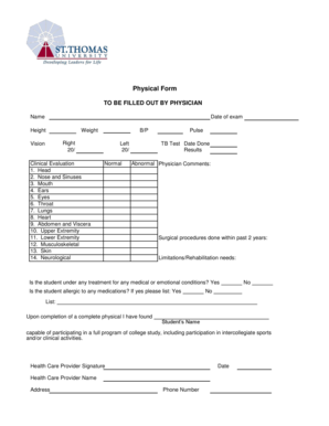 College Physical Exam Form
