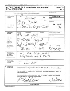 Texas 78711 2070 ( Tr) n 1 JQ0r 71r, ') 1QAW OF A CAMPAIGN TREASURER A APPOINTMENT FORM CTA BY A CANDIDATE PG I See CTA Instruction Guide for detailed instructions - grapevinetexas