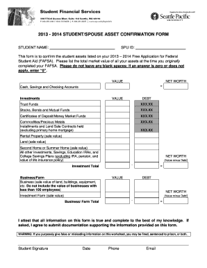 2013-2014 Student Spouse Asset Confirmation Form