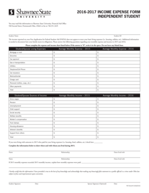 20162017 INCOME EXPENSE FORM INDEPENDENT STUDENT You may mail this information to Shawnee State University, Financial Aid Office 940 Second Street, Portsmouth Ohio, 45662 or fax to 740 - shawnee