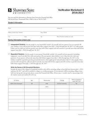 Verification Worksheet 6 20162017 You may mail this information to Shawnee State University, Financial Aid Office 940 Second Street, Portsmouth Ohio, 45662 or fax to 740 - shawnee