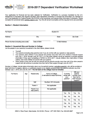 2016-2017 Dependent Verification Worksheet
