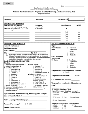 San Francisco State University Tutoring Registration Form