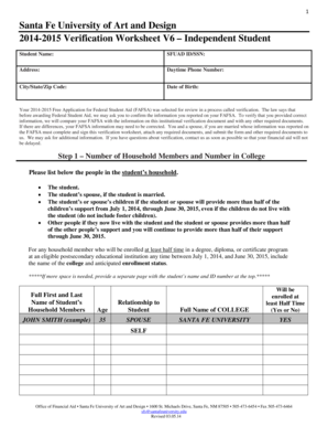 2014-2015 Verification Worksheet for Independent Students