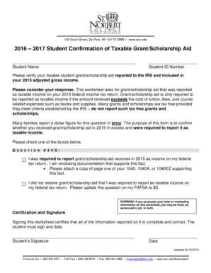 2016-2017 Student Confirmation of Taxable Grant/Scholarship Aid