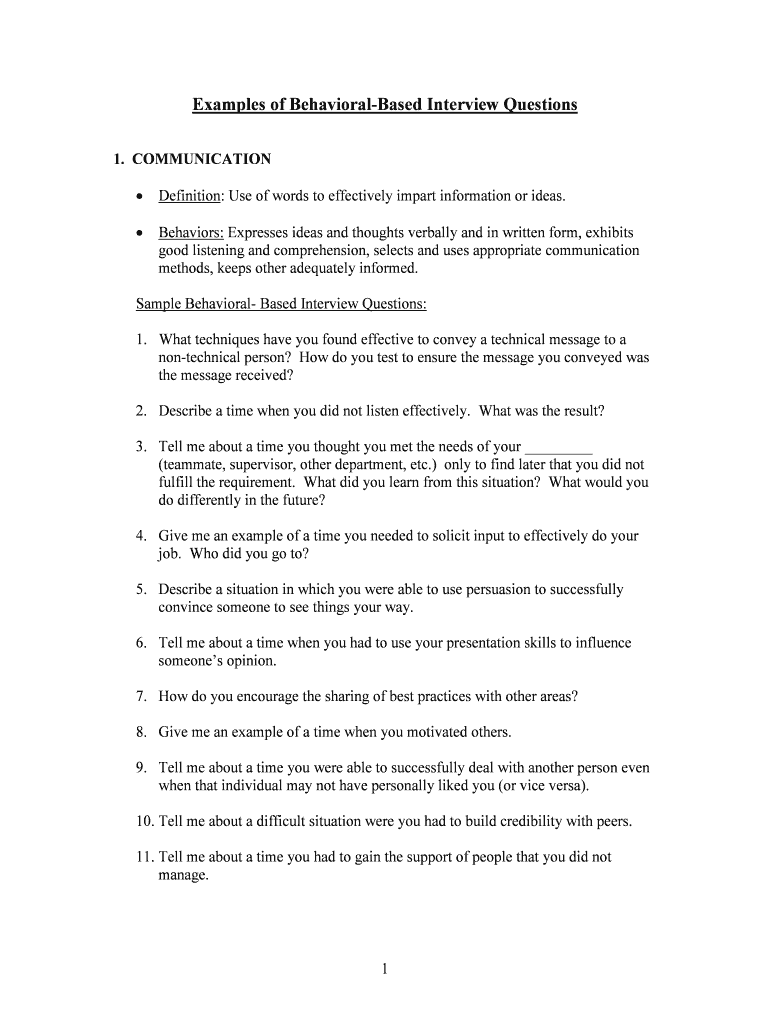 Fillable Online snc Sample Behavioral Based Questionsdoc Fax Email ...