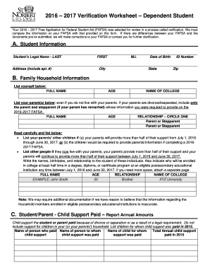 2016-2017 Verification Worksheet - Dependent Student