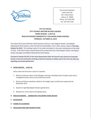 Meeting sign in sheet - Work SessionRegular Session - cityofjoshuatx