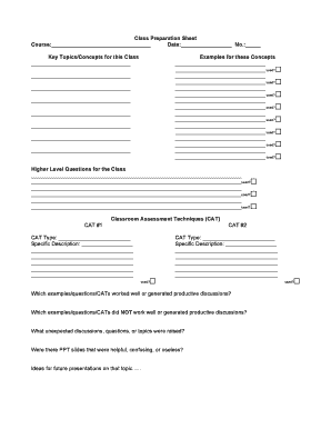 Class Preparation Sheet