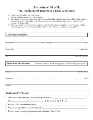 University of Pikeville Pre-Employment Reference Check Worksheet