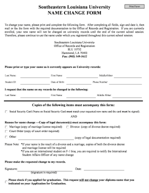Southeastern Louisiana University Name Change Form