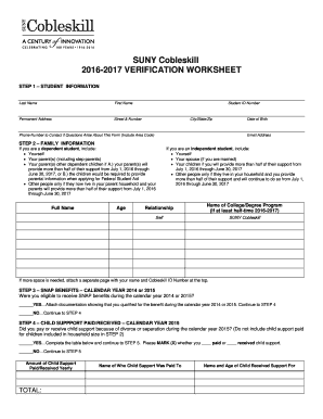 SUNY Cobleskill Verification Worksheet