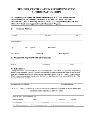 Teacher Certification Recommendation Authorization Form