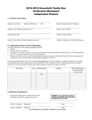 Independent Student Household Verification Worksheet