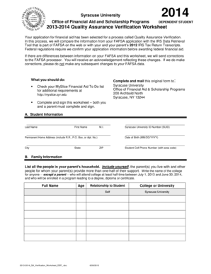 2013-2014 Quality Assurance Verification Worksheet
