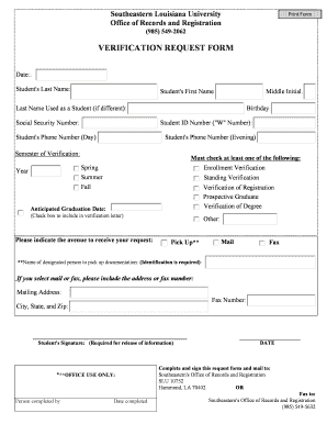 Southeastern Louisiana University Verification Request Form