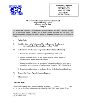 Blue cross blue shield overseas claim form - 4A agenda July 14 2009 - City of Joshua Texas Administration - cityofjoshuatx