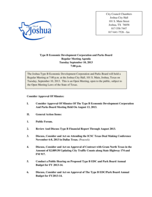 Verification of serious health condition form - Review And Discuss Type B Financial Report Through August 2013 - cityofjoshuatx