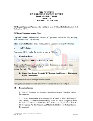 Resident council meeting template - 5-28-09 TIF minutes - City of Joshua Texas Administration - cityofjoshuatx