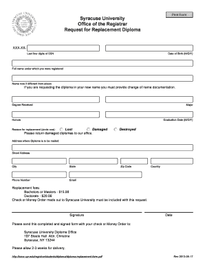 Syracuse University Diploma Replacement Request