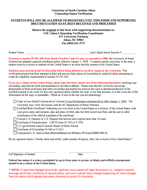 University of South Carolina Citizenship Verification Form