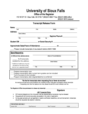 University of Sioux Falls Transcript Release Form