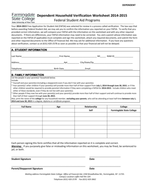 Dependent Household Verification Worksheet 2014-2015