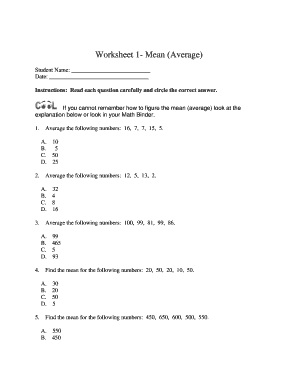 Math Worksheet - Mean and Median