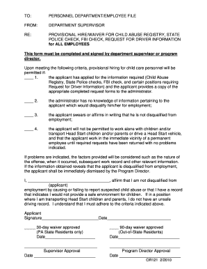 Provisional Hire Waiver for Child Abuse Registry Checks