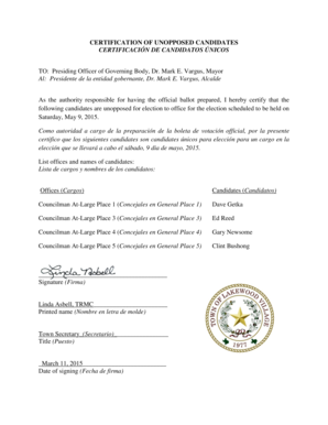 Hand raising tracking form pdf - CERTIFICATION OF UNOPPOSED CANDIDATES CERTIFICACIN DE - lakewoodvillagetx