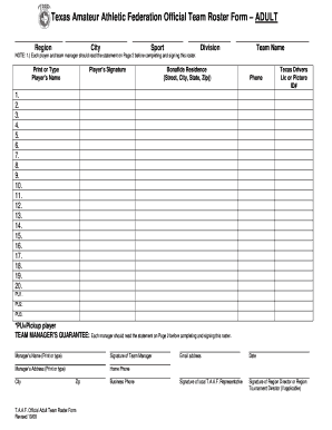 Texas Amateur Athletic Federation Official Team Roster