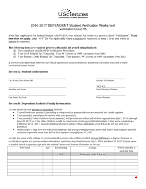 2016-2017 Dependent Student Verification Worksheet