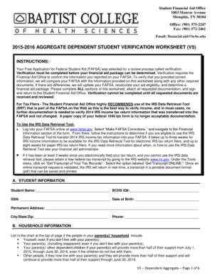 2015-2016 Aggregate Dependent Student Verification Worksheet