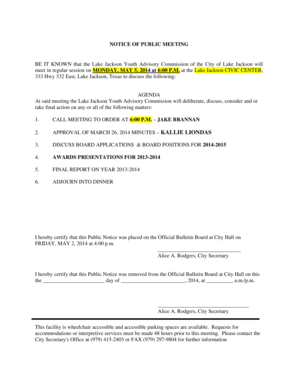 Sign off sheet - NOTICE OF PUBLIC MEETING MONDAY MAY 5 2014 at 600 PM - lakejackson-tx