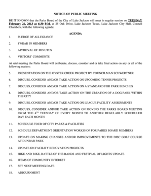 Talent agreement form - BE IT KNOWN that the Parks Board of the City of Lake Jackson will meet in regular session on TUESDAY - lakejackson-tx