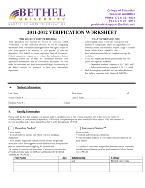 2011-2012 Verification Worksheet