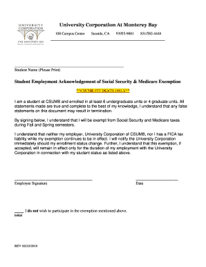 Student Employment Acknowledgement of Social Security & Medicare Exemption