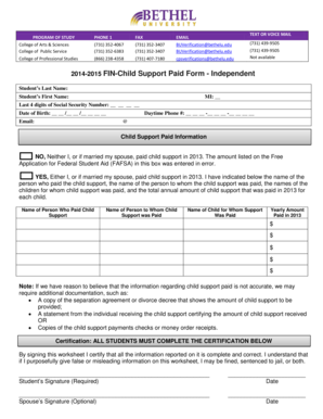 Child Support Paid Form - Independent Student