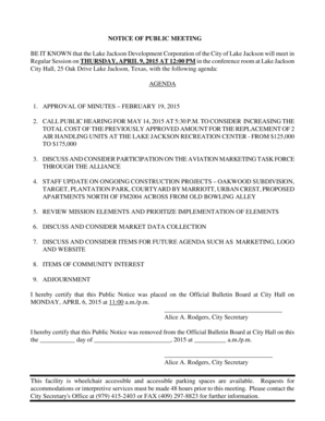 Activity log template - Regular Session on THURSDAY, APRIL 9, 2015 AT 1200 PM in the conference room at Lake Jackson - lakejackson-tx