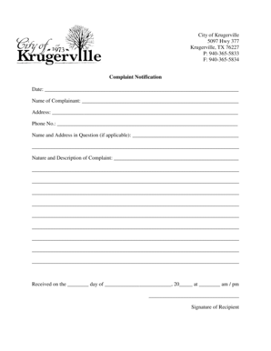 Sample contract agreement - Complaint Notification - krugervilleorg