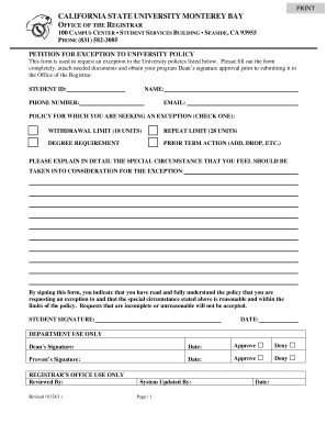 California State University Petition for Exception to University Policy