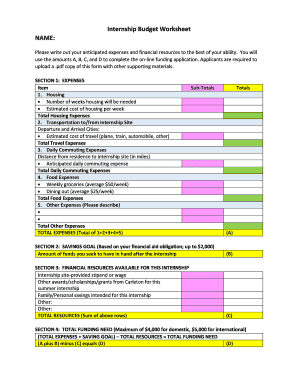 Internship Budget Worksheet