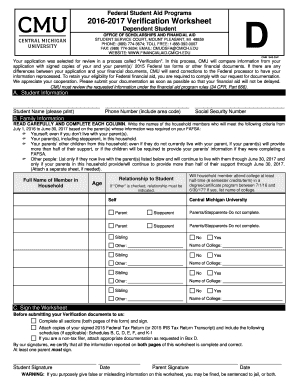 2016-2017 Verification Worksheet for Dependent Students