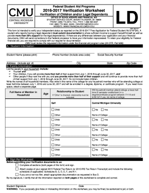 2016-2017 Verification Worksheet for Children and Legal Dependents
