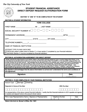 CUNY Student Financial Assistance Direct Deposit Form
