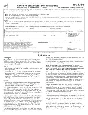 New York State Certificate of Exemption from Withholding IT-2104-E